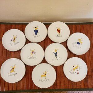 9 Pottery Barn Complete Set Reindeer Mini Appetizer Plates Coasters Porcelain